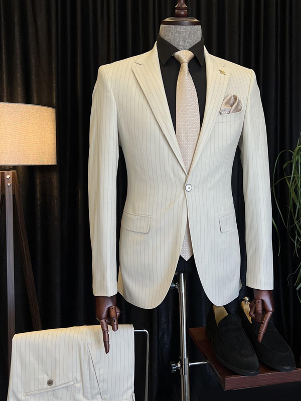 Beige Slim Fit 2 Piece Notch Lapel Pinstripe Suit for Men by Bespokedailyshop | Free Worldwide Shipping