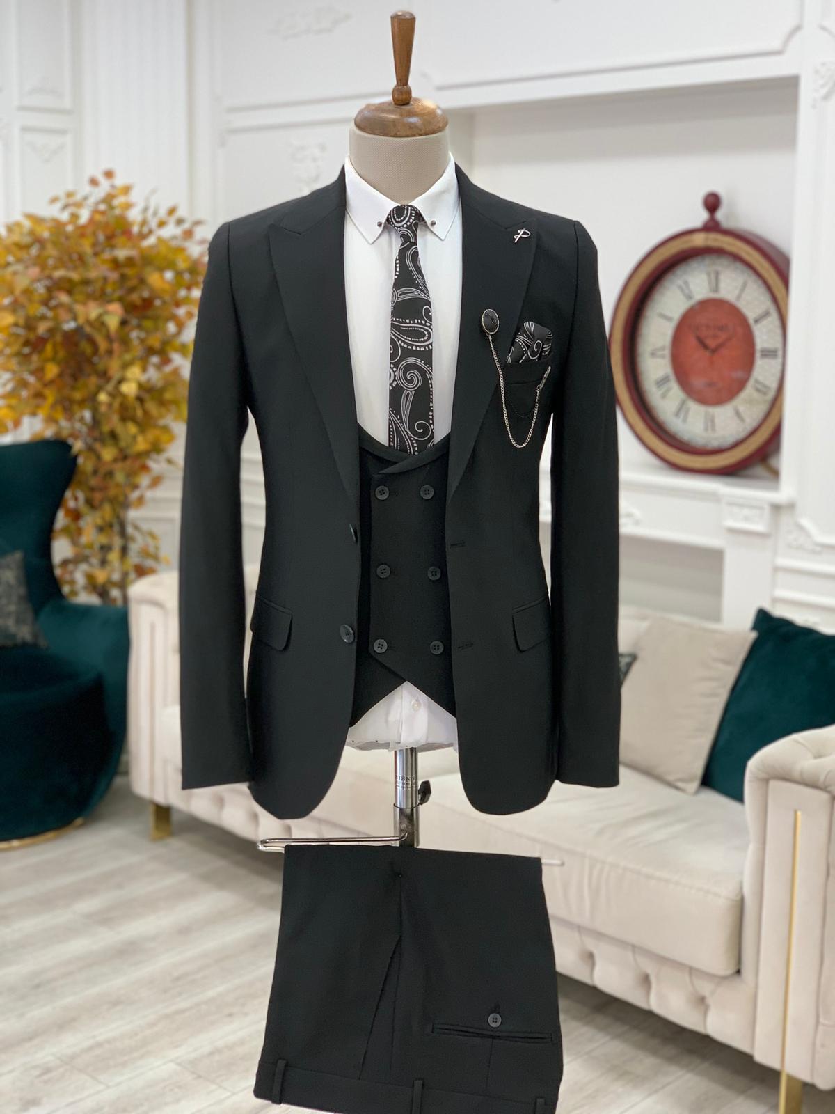 Black Slim Fit Peak Lapel Suit for Men by Bespokedailyshop | Free Worldwide Shipping