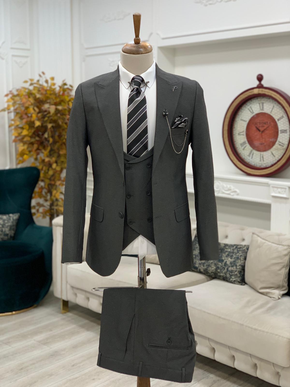 Dark Gray Slim Fit Peak Lapel Suit for Men by Bespokedailyshop | Free Worldwide Shipping