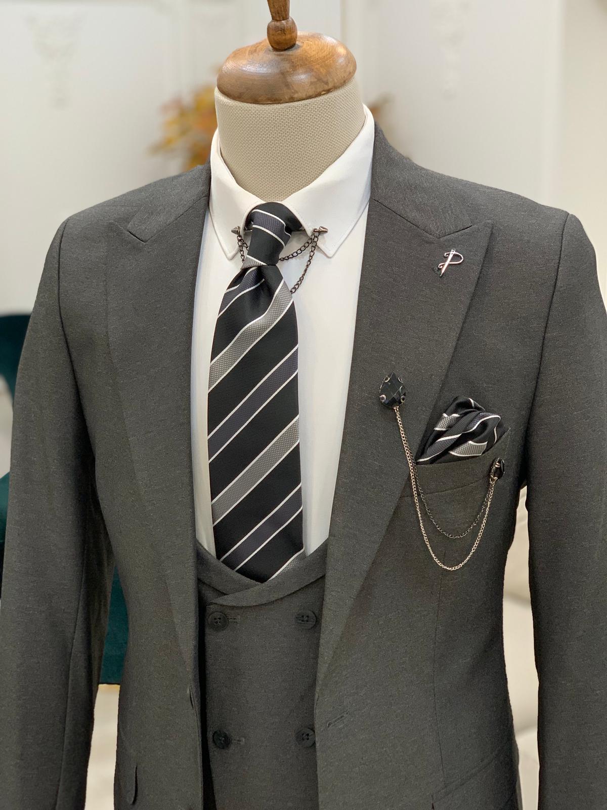Dark Gray Slim Fit Peak Lapel Suit for Men by Bespokedailyshop | Free Worldwide Shipping