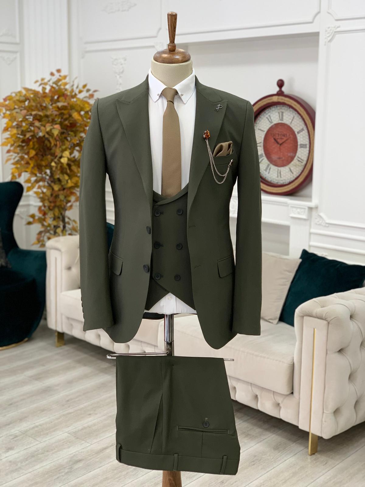 Green Slim Fit Peak Lapel Suit for Men by Bespokedailyshop | Free Worldwide Shipping