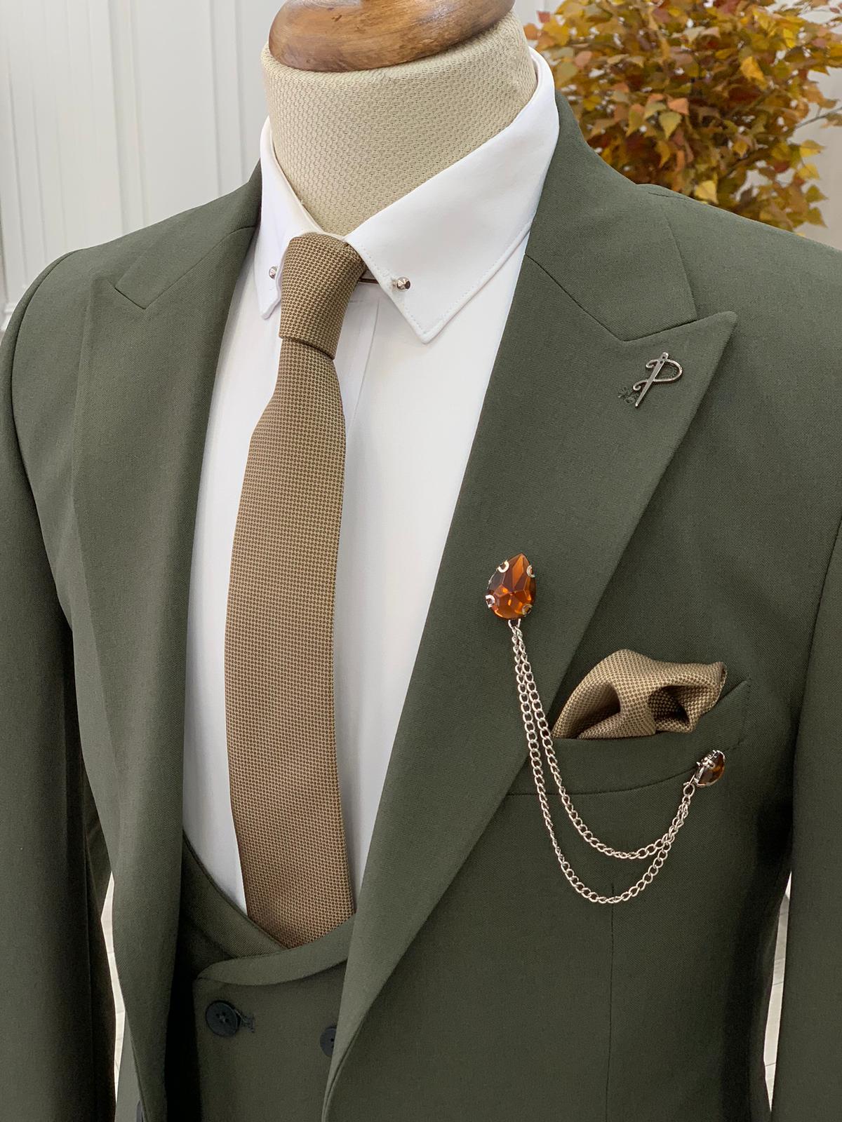 Green Slim Fit Peak Lapel Suit for Men by Bespokedailyshop | Free Worldwide Shipping