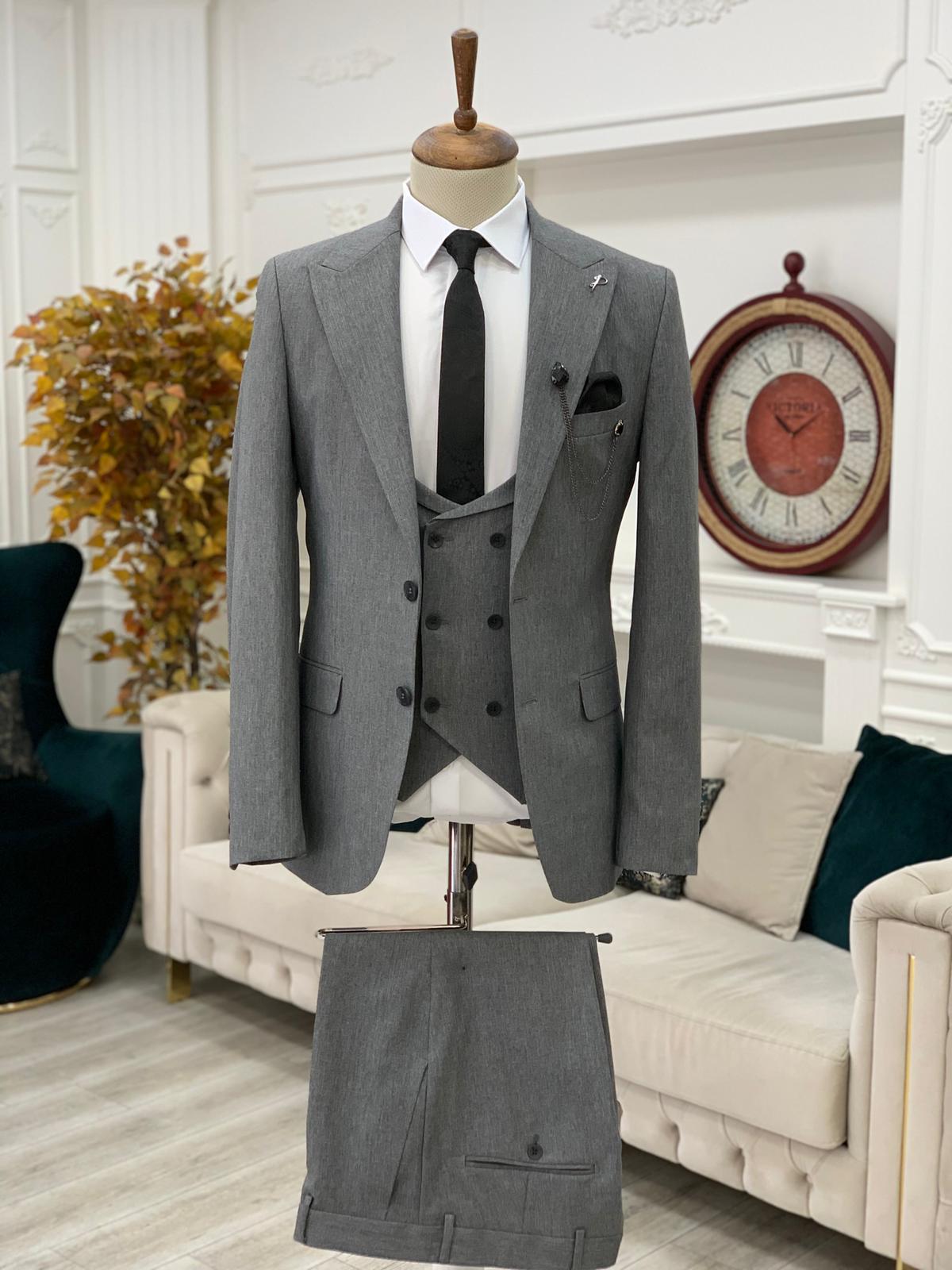 Light Gray Slim Fit Peak Lapel Suit for Men by Bespokedailyshop | Free Worldwide Shipping