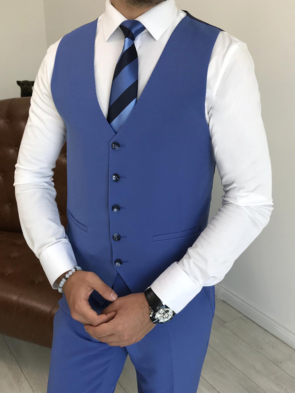 Azure Blue Slim Fit Peak Lapel Suit for Men by Bespokedailyshop | Free Worldwide Shipping