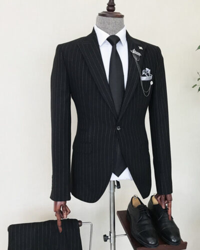 Black Slim Fit 2 Piece Peak Lapel Pinstripe Suit for Men by Bespokedailyshop | Free Worldwide Shipping