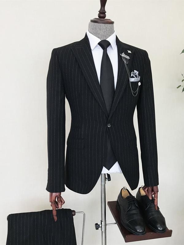 Black Slim Fit 2 Piece Peak Lapel Pinstripe Suit for Men by Bespokedailyshop | Free Worldwide Shipping