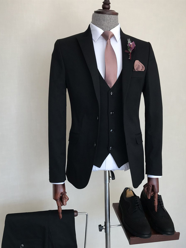 Black Slim Fit Peak Lapel Suit for Men by Bespokedailyshop | Free Worldwide Shipping