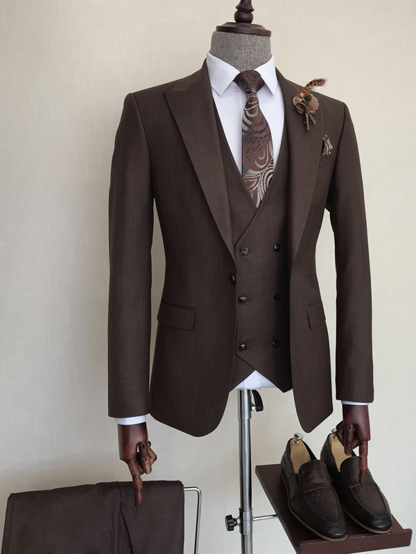Brown Slim Fit Peak Lapel Suit for Men by Bespokedailyshop | Free Worldwide Shipping