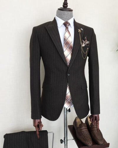 Dark Brown Slim Fit 2 Piece Peak Lapel Pinstripe Suit for Men by Bespokedailyshop | Free Worldwide Shipping