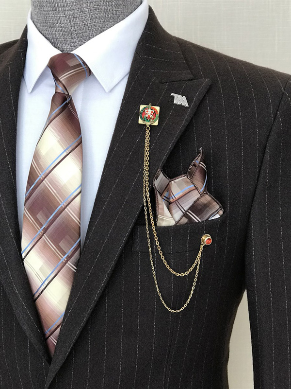 Dark Brown Slim Fit 2 Piece Peak Lapel Pinstripe Suit for Men by Bespokedailyshop | Free Worldwide Shipping