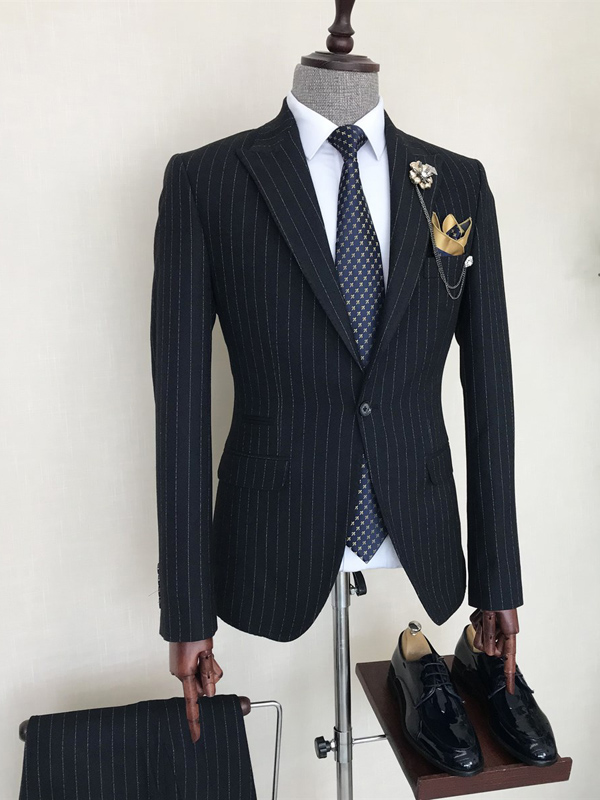 Dark Navy Blue Slim Fit 2 Piece Peak Lapel Pinstripe Suit for Men by Bespokedailyshop | Free Worldwide Shipping
