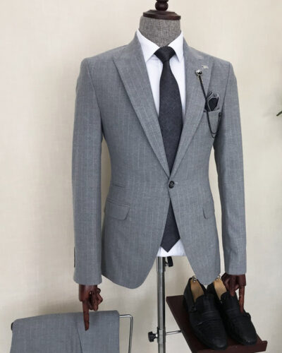 Gray Slim Fit 2 Piece Peak Lapel Pinstripe Suit for Men by Bespokedailyshop | Free Worldwide Shipping