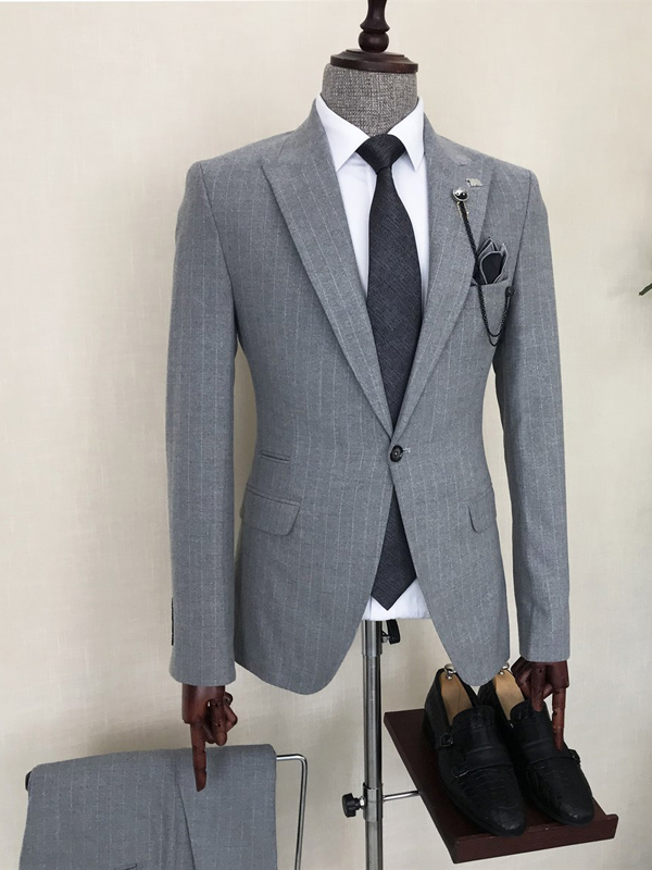 Gray Slim Fit 2 Piece Peak Lapel Pinstripe Suit for Men by Bespokedailyshop | Free Worldwide Shipping
