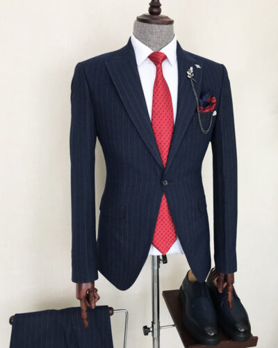 Navy Blue Slim Fit 2 Piece Peak Lapel Pinstripe Suit for Men by Bespokedailyshop | Free Worldwide Shipping