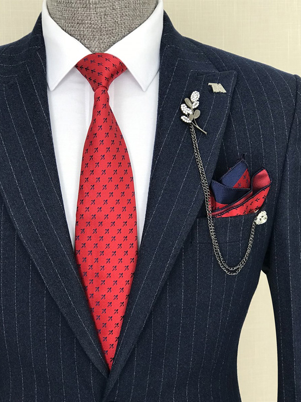 Navy Blue Slim Fit 2 Piece Peak Lapel Pinstripe Suit for Men by Bespokedailyshop | Free Worldwide Shipping