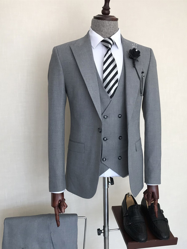 Gray Slim Fit Peak Lapel Suit for Men by Bespokedailyshop | Free Worldwide Shipping