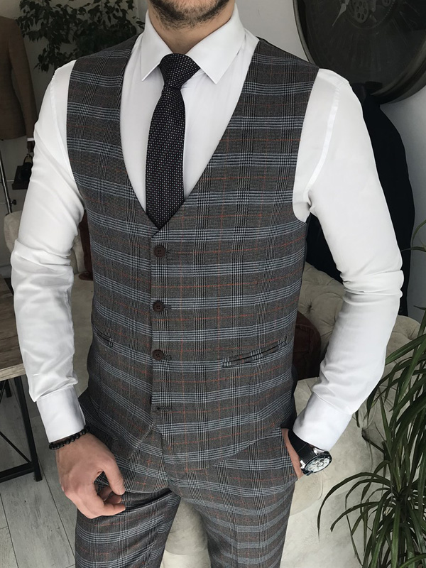 Black Brown Slim Fit 3 Piece Peak Lapel Plaid Suit for Men by Bespokedailyshop | Free Worldwide Shipping