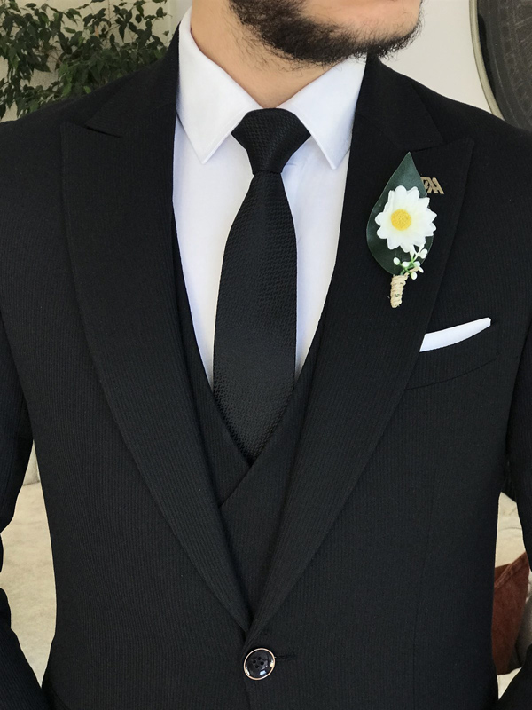 Black Slim Fit 3 Piece Peak Lapel Suit for Men by Bespokedailyshop | Free Worldwide Shipping