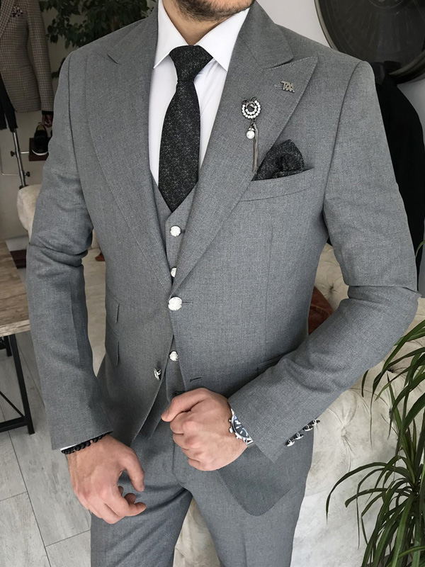 Gray Slim Fit 3 Piece Peak Lapel Suit for Men by Bespokedailyshop | Free Worldwide Shipping