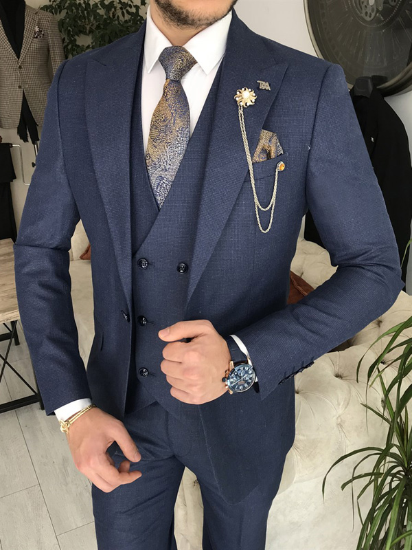 Blue Slim Fit 3 Piece Peak Lapel Suit for Men by Bespokedailyshop | Free Worldwide Shipping