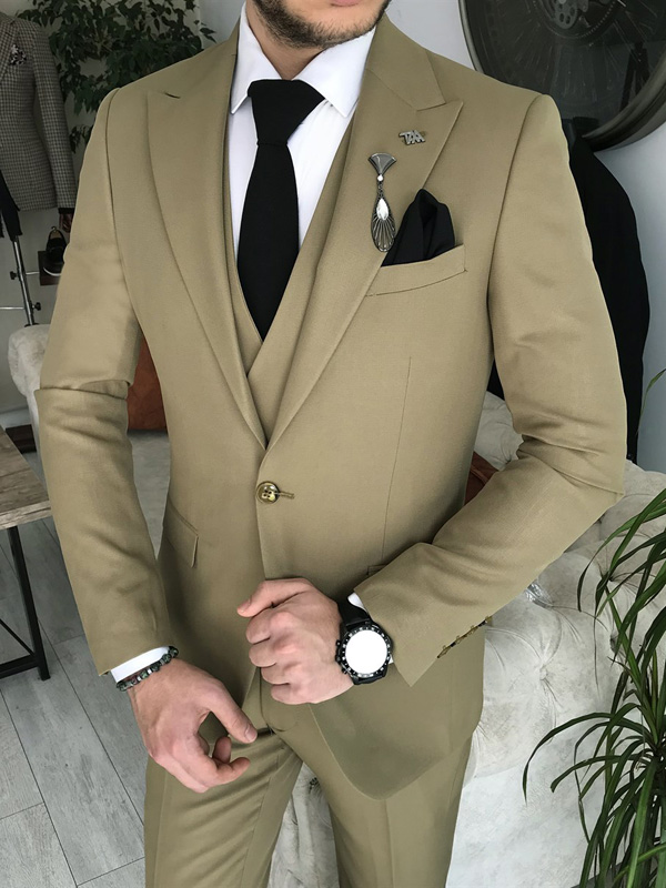 Khaki Slim Fit 3 Piece Peak Lapel Suit for Men by Bespokedailyshop | Free Worldwide Shipping