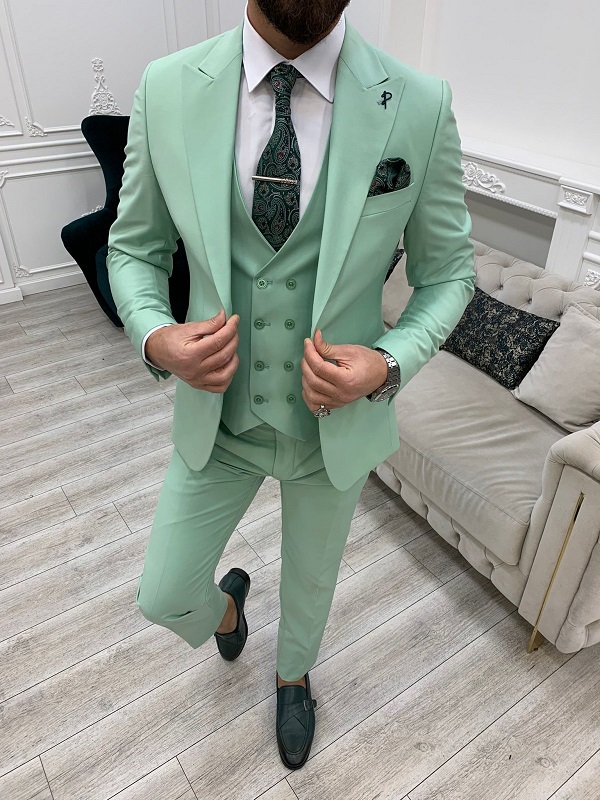 Light Green Slim Fit Peak Lapel Suit for Men by Bespokedailyshop | Free Worldwide Shipping