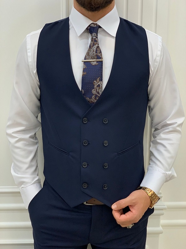 Navy Blue Slim Fit Peak Lapel Suit for Men by Bespokedailyshop | Free Worldwide Shipping