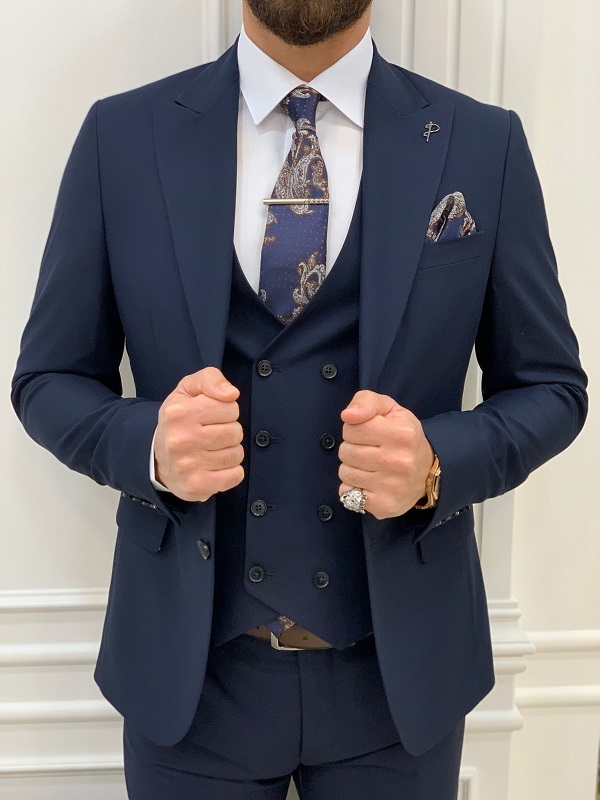 Navy Blue Slim Fit Peak Lapel Suit for Men by Bespokedailyshop | Free Worldwide Shipping