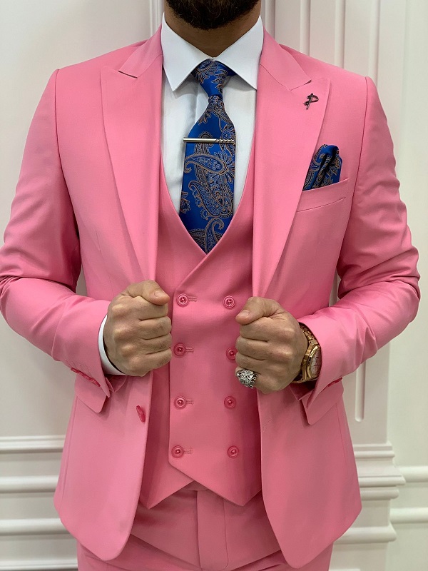 Pink Slim Fit Peak Lapel Suit for Men by Bespokedailyshop | Free Worldwide Shipping