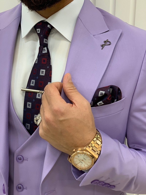 Purple Slim Fit Peak Lapel Suit for Men by Bespokedailyshop | Free Worldwide Shipping