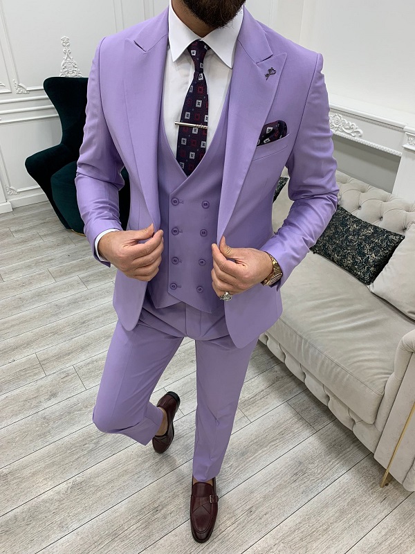 Purple Slim Fit Peak Lapel Suit for Men by Bespokedailyshop | Free Worldwide Shipping