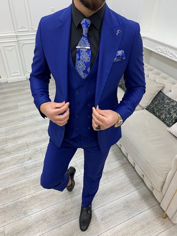 Royal Blue Slim Fit Peak Lapel Suit for Men by Bespokedailyshop | Free Worldwide Shipping