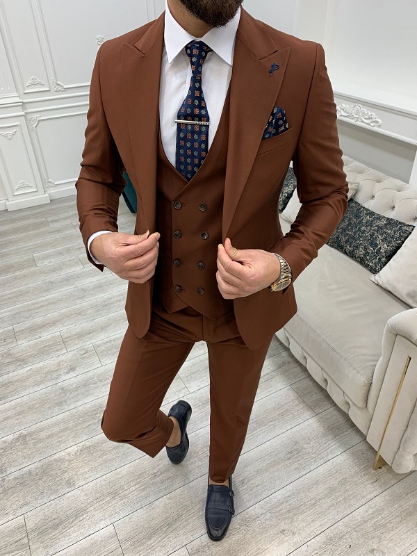 Rust Brown Slim Fit Peak Lapel Suit for Men by Bespokedailyshop | Free Worldwide Shipping
