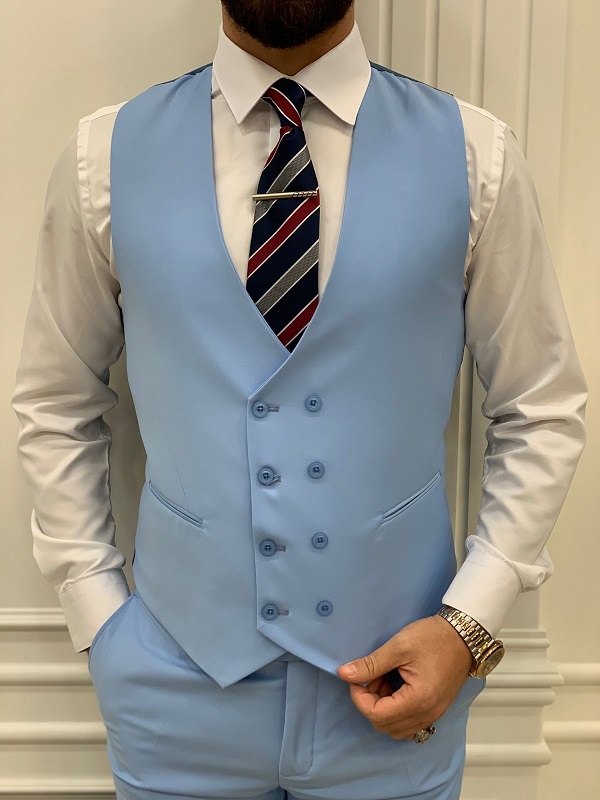 Sky Blue Slim Fit Peak Lapel Suit for Men by Bespokedailyshop | Free Worldwide Shipping