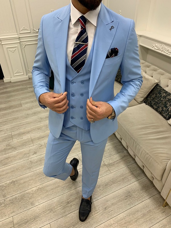 Sky Blue Slim Fit Peak Lapel Suit for Men by Bespokedailyshop | Free Worldwide Shipping