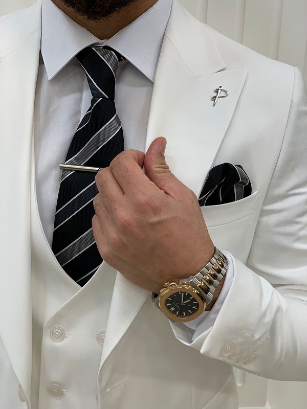 White Slim Fit Peak Lapel Suit for Men by Bespokedailyshop | Free Worldwide Shipping