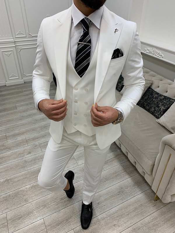 White Slim Fit Peak Lapel Suit for Men by Bespokedailyshop | Free Worldwide Shipping