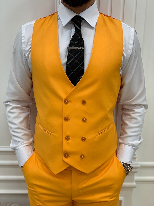 Yellow Slim Fit Peak Lapel Suit for Men by Bespokedailyshop | Free Worldwide Shipping