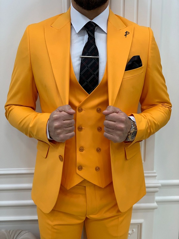 Yellow Slim Fit Peak Lapel Suit for Men by Bespokedailyshop | Free Worldwide Shipping