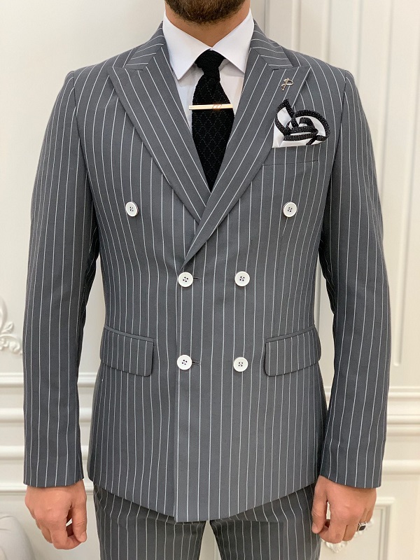 BespokeDaily Venice Anthracite Slim Fit Double Breasted Striped Suit