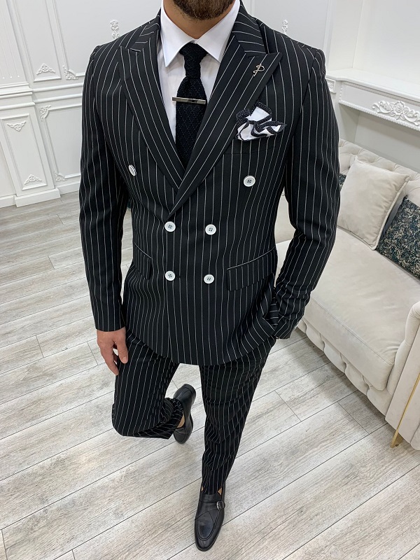 BespokeDaily Venice Black Slim Fit Double Breasted Striped Suit
