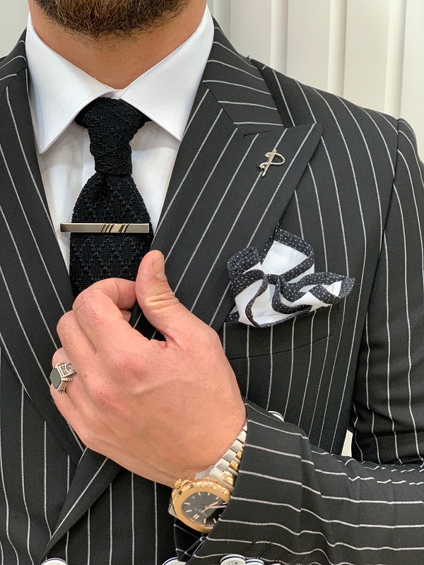 BespokeDaily Venice Black Slim Fit Double Breasted Striped Suit