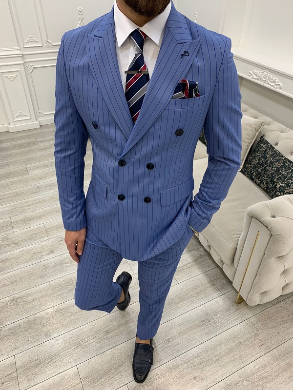 BespokeDaily Venice Blue Slim Fit Double Breasted Striped Suit