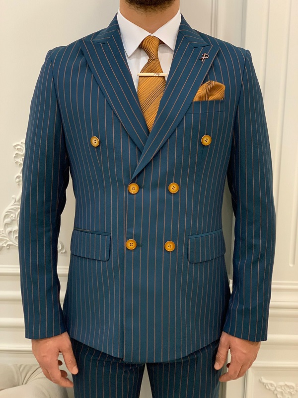BespokeDaily Venice Green Slim Fit Double Breasted Striped Suit
