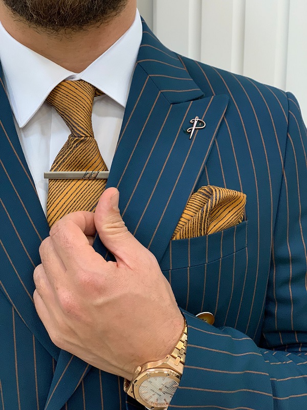 BespokeDaily Venice Green Slim Fit Double Breasted Striped Suit
