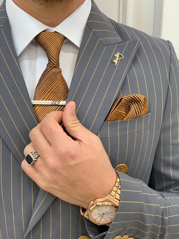 BespokeDaily Venice Grey Slim Fit Double Breasted Striped Suit