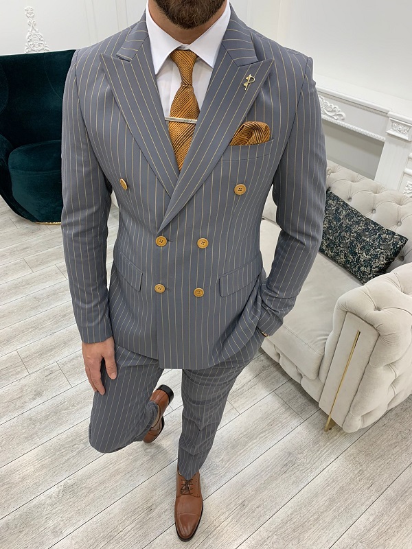BespokeDaily Venice Grey Slim Fit Double Breasted Striped Suit