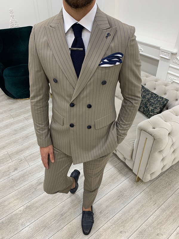 BespokeDaily Venice Khaki Slim Fit Double Breasted Striped Suit