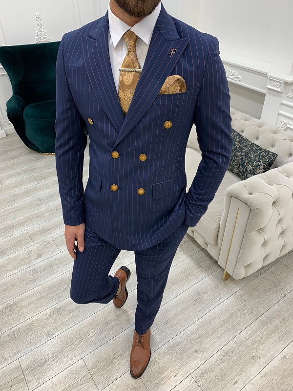 BespokeDaily Venice Navy Blue Slim Fit Double Breasted Striped Suit