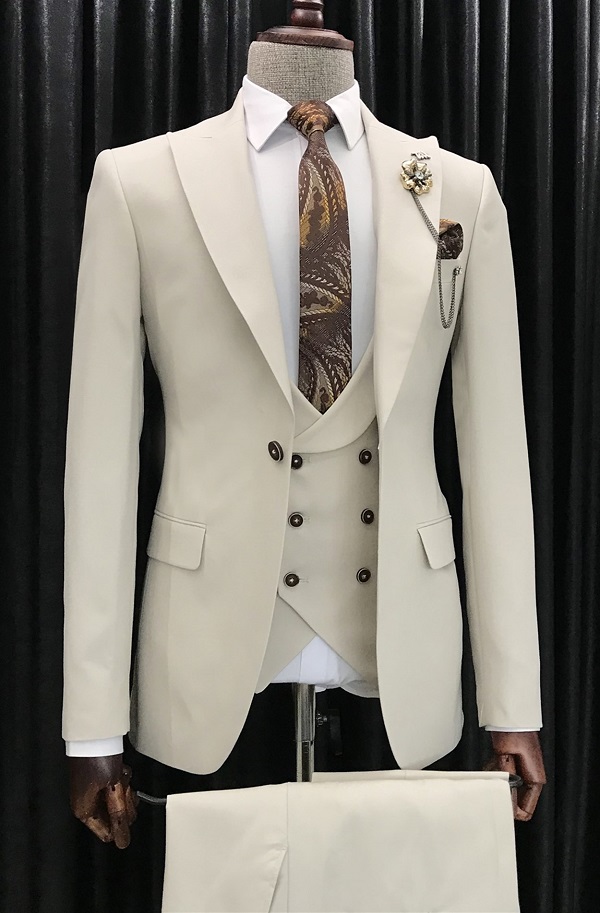 Beige Slim Fit 3 Piece Peak Lapel Suit for Men by Bespokedailyshop | Free Worldwide Shipping